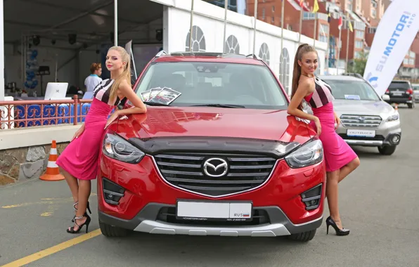 Picture look, Girls, Mazda, beautiful girls, red car, posing over the car
