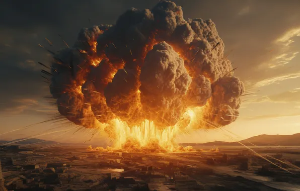 The city, Mushroom, The explosion, Digital art, A nuclear explosion, Destruction, AI art, Nuclear weapon