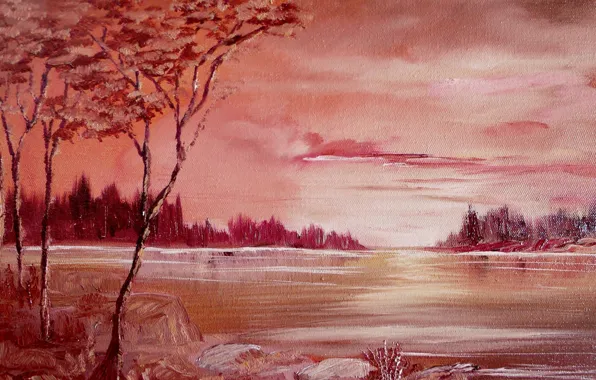 Trees, river, painted landscape
