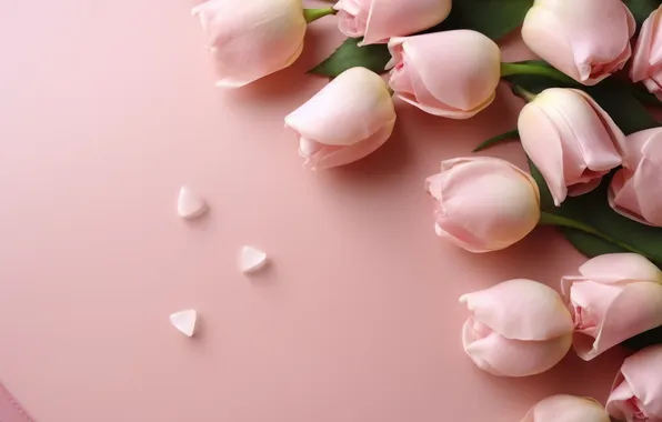 Flowers, holiday, roses, bouquet, tulips, pink, buds, pink background