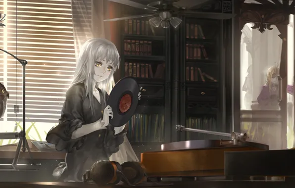 Girl, smile, owl, books, anime, art, record, guy