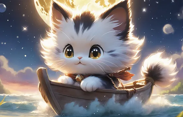 Moon, art, cats, kittens, sailing, anime creatures
