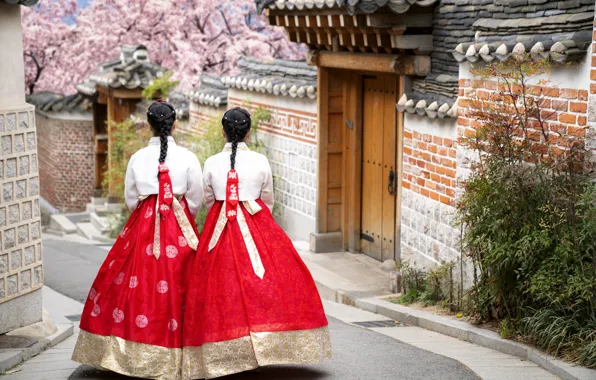 Girls, back, spring, Sakura, Asia, architecture, two girls, braids