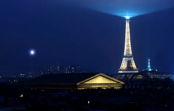 Picture night, the moon, Paris, lighting, backlight, Eiffel tower