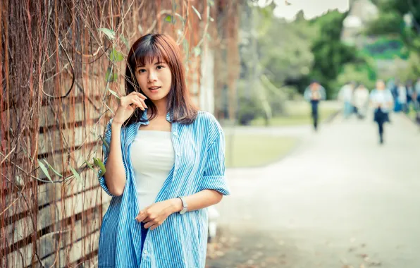 Look, girl, shirt, brown hair, Asian, cutie, bokeh