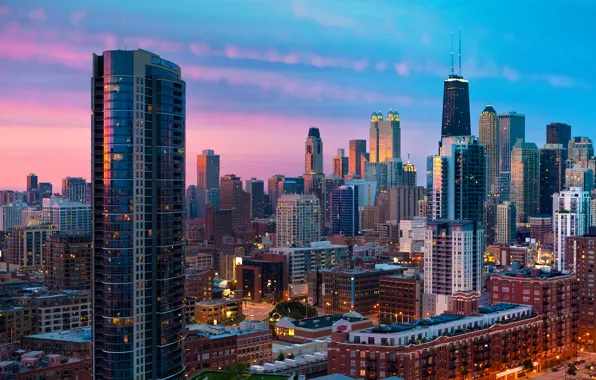 Sunset, the city, Chicago