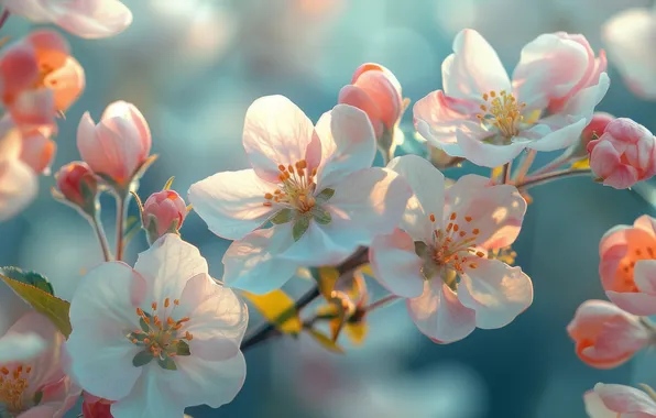 Picture light, flowers, branches, spring, petals, pink, white, Apple