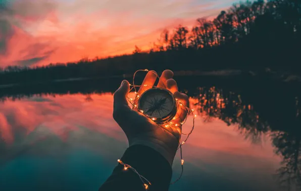 Forest, water, trees, sunset, lake, shore, hand, garland