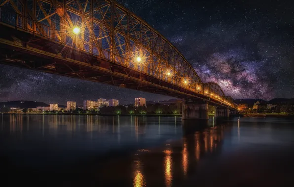 The sky, stars, bridge, lights, river, home