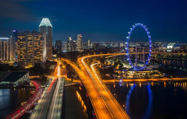 Picture road, landscape, The city, River, Skyscrapers, Ferris Wheel, Night city