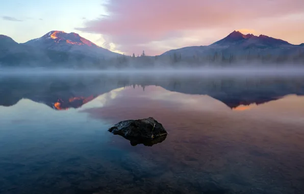 Picture mountains, lake, reflection, stone, haze, stone, water surface, mountains