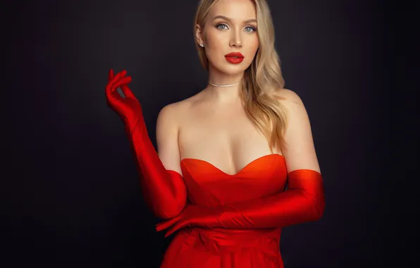 Neckline, gloves, black background, red dress, bust, Shaklein Alex, spectacular blonde