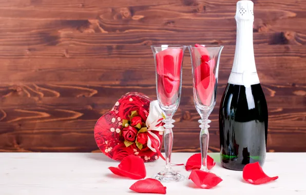 Love, gift, wine, roses, glasses, love, heart, romantic