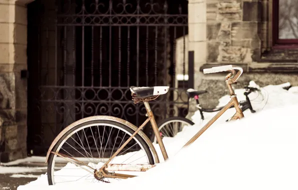 Winter, snow, bike, the city, the building, gate