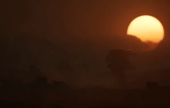 The sun, sunset, Apocalypse, desert, smoke, Warhammer, Trailer, the titans