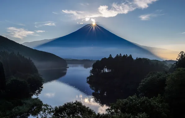 Picture the sun, mountain, the volcano, Japan, Fuji