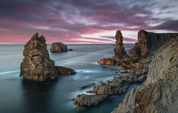 Sea, sunset, rocks, shore