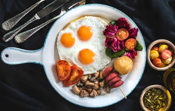 Greens, mushrooms, eggs, Breakfast, plate, scrambled eggs, vegetables, tomatoes