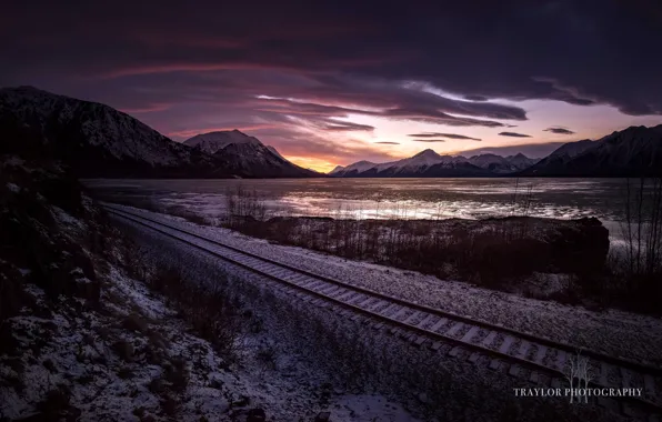 Sea, mountains, morning, railroad