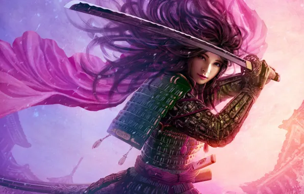 Girl, the wind, hair, Asia, sword, katana, art, armor