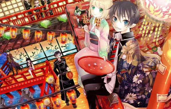 Plate, lights, sweets, kimono, Ao no Exorcist, Blue exorcist