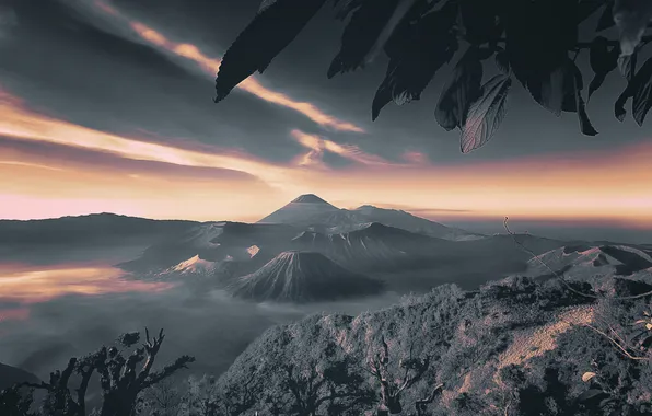 Picture the sky, clouds, sunset, mountains, fog, the volcano