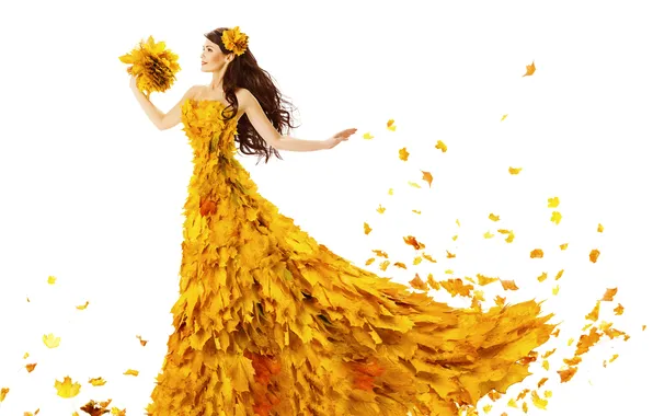 Autumn, leaves, girl, creative, dress, brown hair