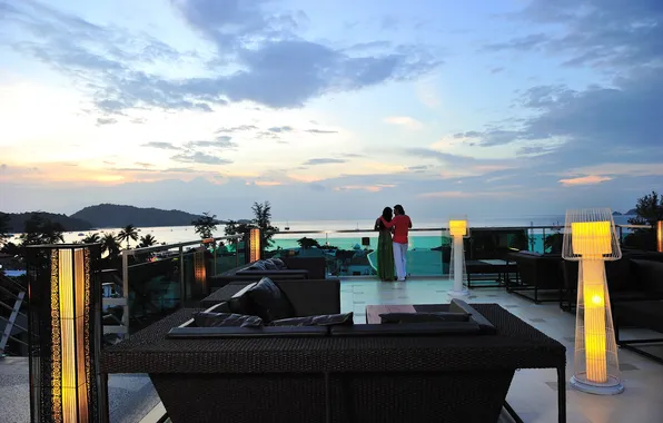Picture the ocean, the evening, two, terrace