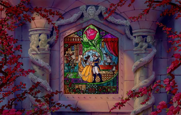 Picture rose, roses, tale, angels, window, stained glass, columns, Disney
