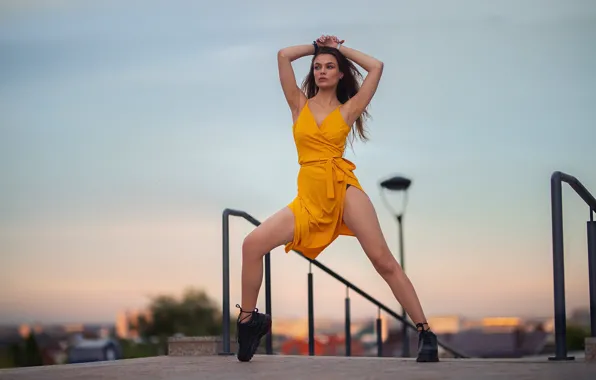 Picture girl, pose, feet, yellow dress, Dmitry Shulgin