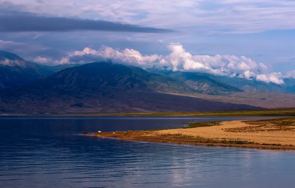 Clouds, mountains, river, beauty, horizon, space, Elina Magalimova, The tenderness of the morning