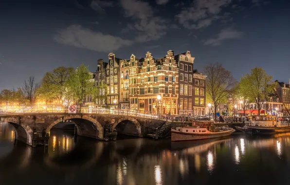 Bridge, the city, the building, the evening, lighting, Amsterdam, channel, Netherlands