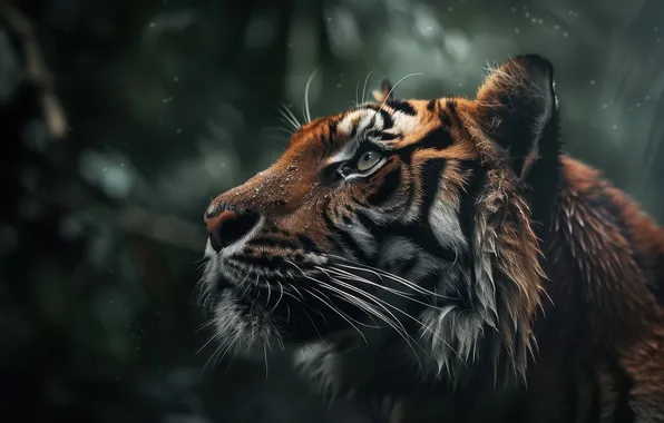 Look, face, drops, nature, tiger, wet, the dark background, rain