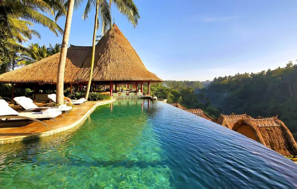 Water, mountains, palm trees, home, pool, Bali, Indonesia, resort