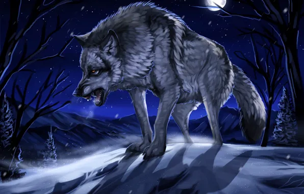 Winter, forest, snow, night, the moon, figure, wolf, art