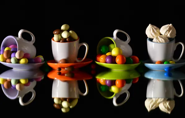 Reflection, food, candy, banks, mugs, black background, still life, pastry