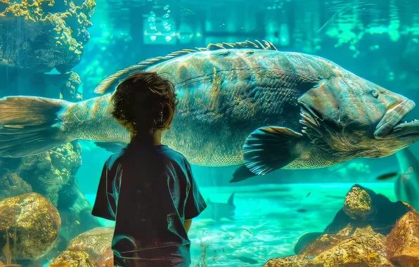 Glass, water, light, stones, aquarium, child, fish, boy