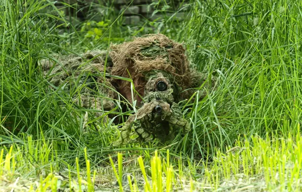 Picture GRASS, TRUNK, GREENS, OPTICS, RIFLE, DISGUISE, SNIPER