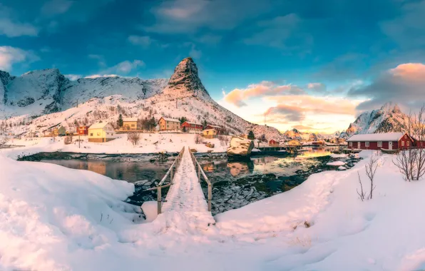 Winter, snow, river, home