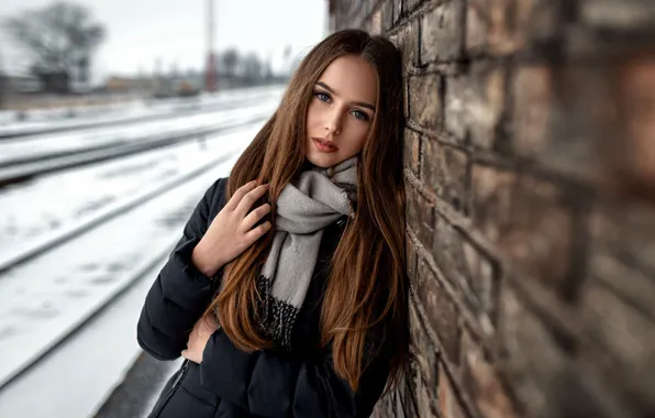 Picture girl, wall, long hair, photo, photographer, bricks, blue eyes, snow