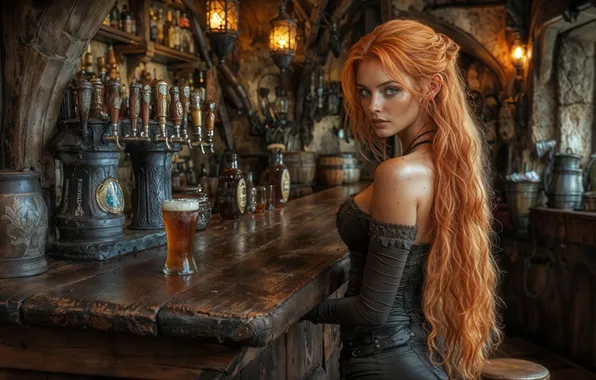 Long hair, digital art, cute girl, digital art, red-haired beauty, torch's, a glass of beer, …