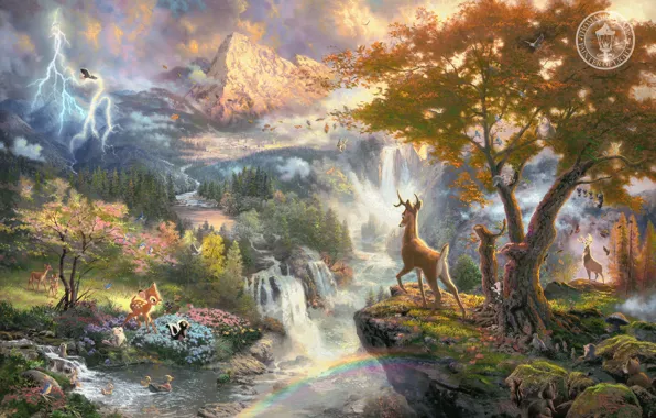 Picture animals, mountains, birds, nature, river, cartoon, waterfall, Bambi