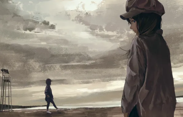 Sea, overcast, girls