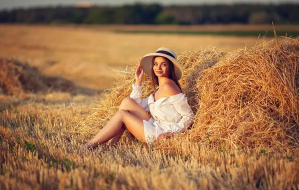 Picture look, girl, nature, smile, hat, hay, blouse, brown hair