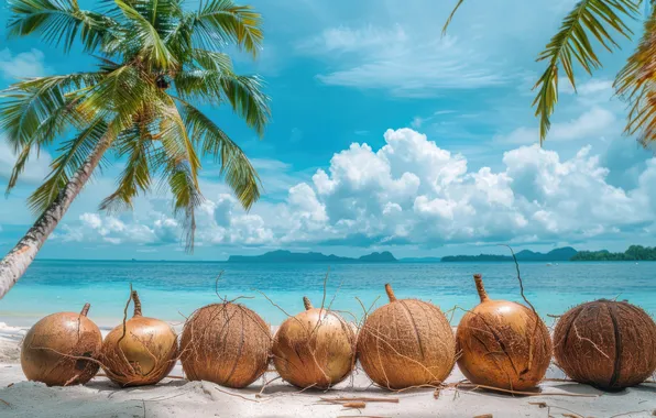 Sand, sea, beach, the sky, clouds, tropics, blue, palm trees
