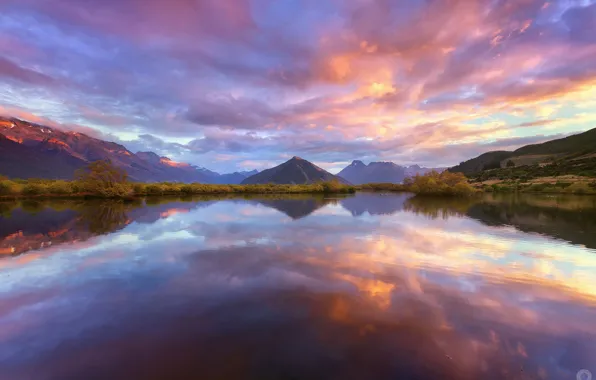 The sky, clouds, reflection, mountains, lake, New Zealand, South island, Wakatipu