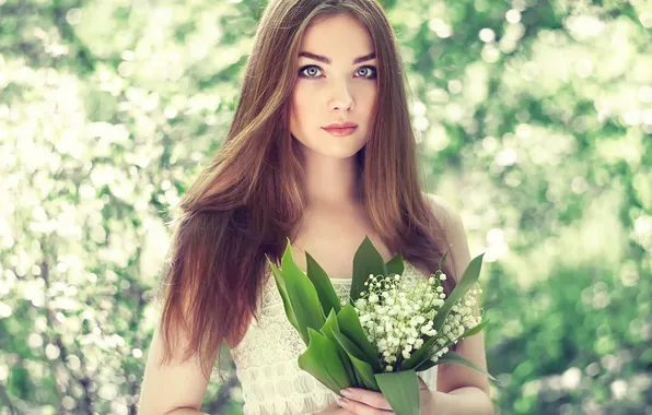 Look, flowers, pose, model, portrait, bouquet, hands, makeup
