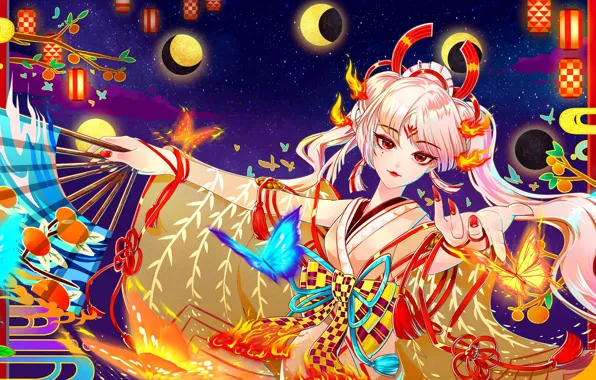 Girl, fantasy, fan, Onmyouji