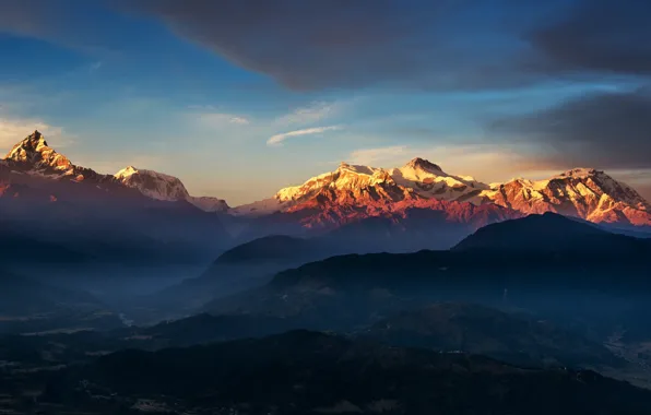 Mountains, dawn, valley, panorama, Tibet