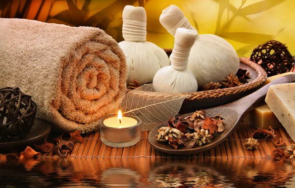 Relax, bath, Spa, candle, spa, salt, towel